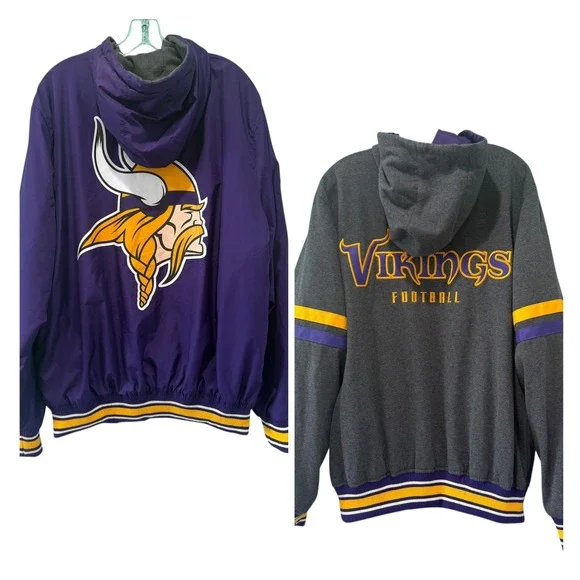 Mens Minnesota Vikings NFL Zip Up Hoodie‎ Jacket Purple Gray XL Reversible